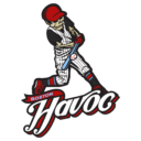 The Boston Havoc baseball team logo depicting a skeleton in a baseball uniform, hitting a ball, on top of the word "Havoc." The Boston Havoc currently play in the Clutch Hittin' Baseball League located in Boston, MA.