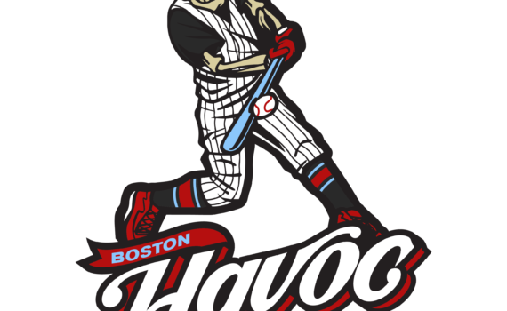 The Boston Havoc baseball team logo depicting a skeleton in a baseball uniform, hitting a ball, on top of the word "Havoc." The Boston Havoc currently play in the Clutch Hittin' Baseball League located in Boston, MA.